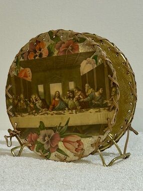 Vtg Artisan Handcrafted Napkin Holder Decoupage Meal Prayers The Last Supper